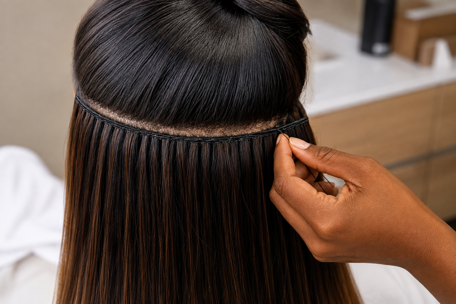 Aplicação de mega hair costurado em tela invisível